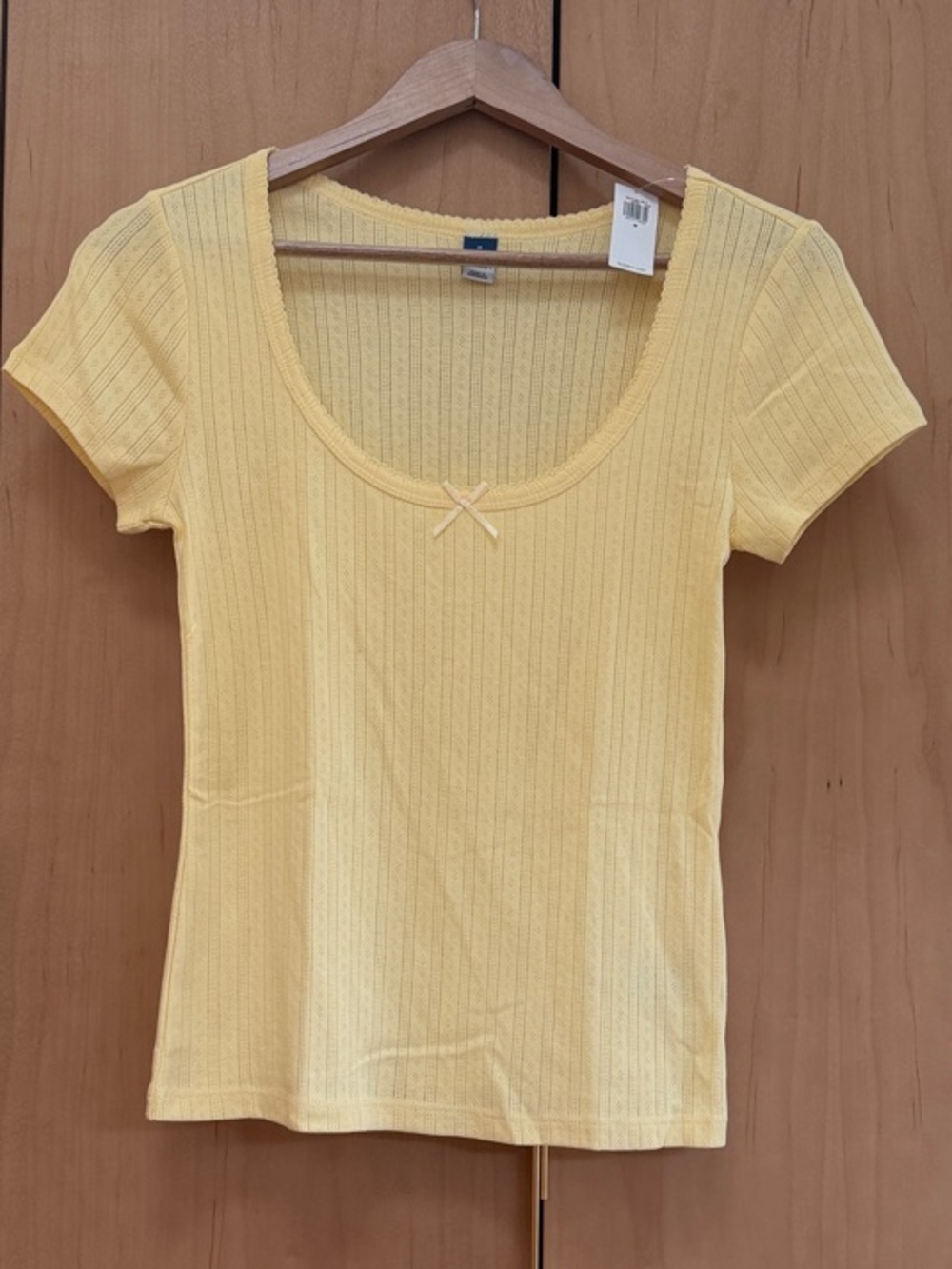 GAP Pale Yellow Pointelle Scoop Neck Short Sleeve Top 100% Cotton